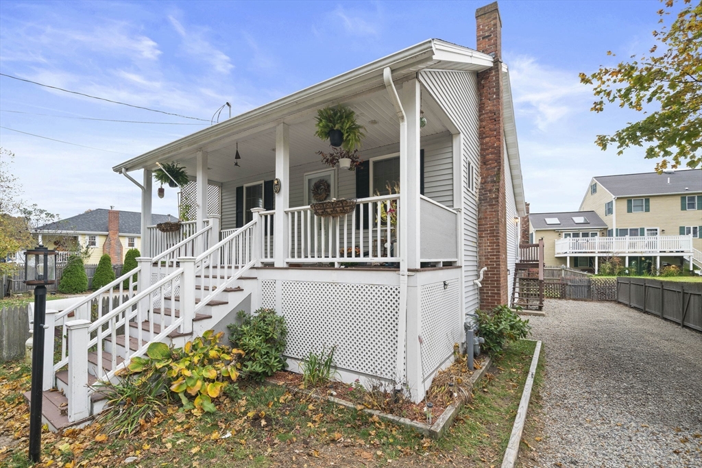a porch with seating space
