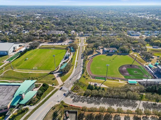an aerial view of a swimming pool