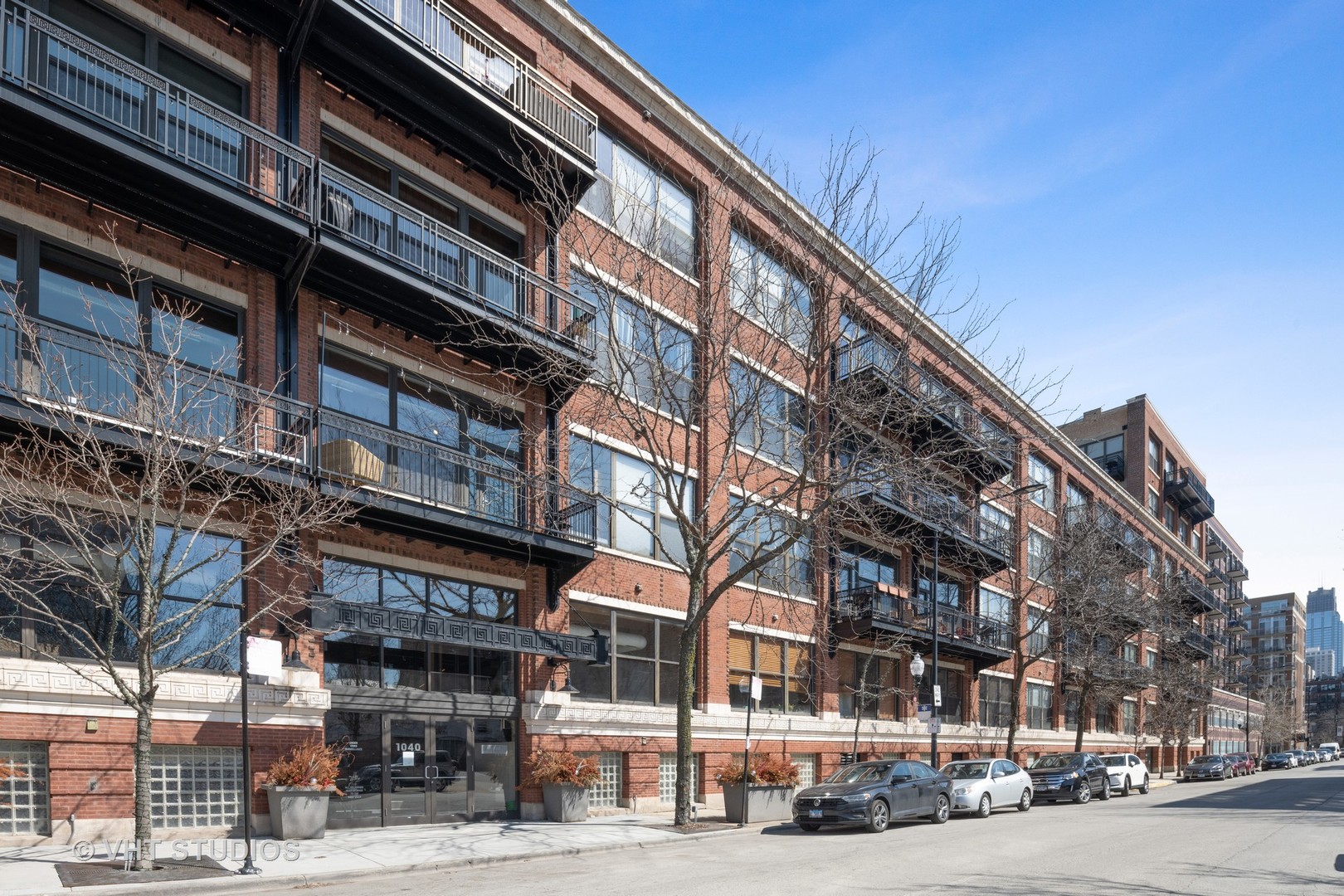 a view of a building and a street