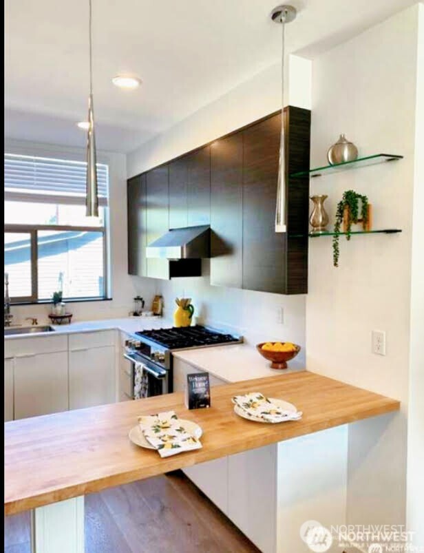 604 Northwest 77th Street, Unit D Seattle, WA 98117 - Photo 11 of 11 a kitchen with stainless steel appliances a stove a sink dishwasher and a refrigerator with wooden floor