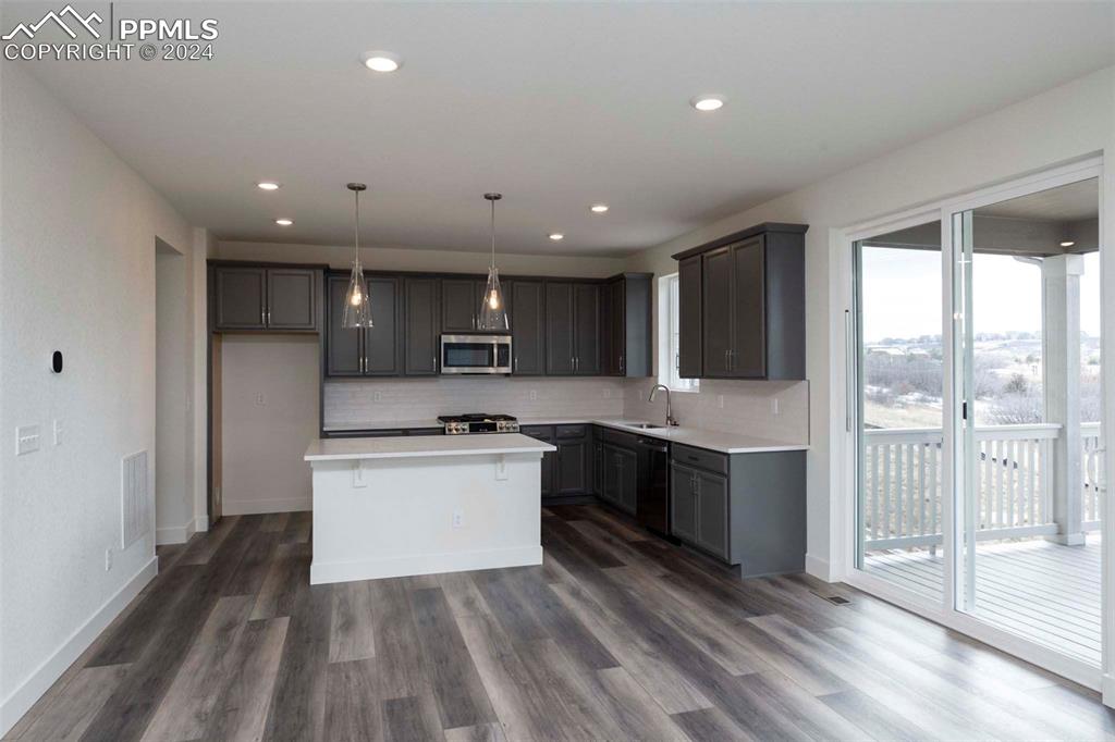 2058 Peachleaf Loop Castle Rock, CO 80108 - Photo 8 of 27 a kitchen with stainless steel appliances granite countertop a stove a sink and a refrigerator