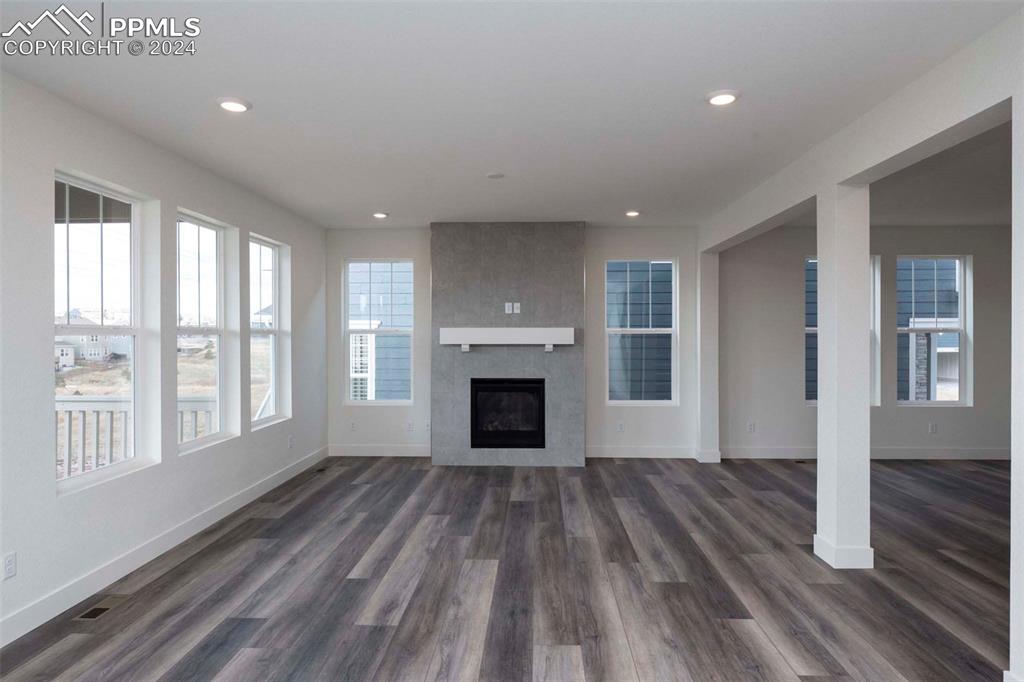 2058 Peachleaf Loop Castle Rock, CO 80108 - Photo 9 of 27 wooden floor fireplace and windows in an empty room