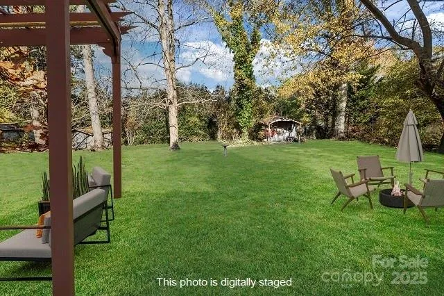 a view of a park with large trees