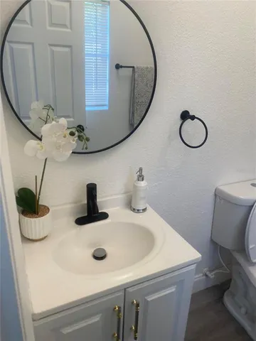 a bathroom with a sink mirror and toilet