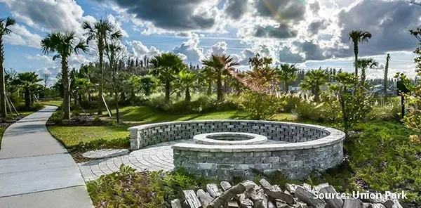a view of a garden with a fountain
