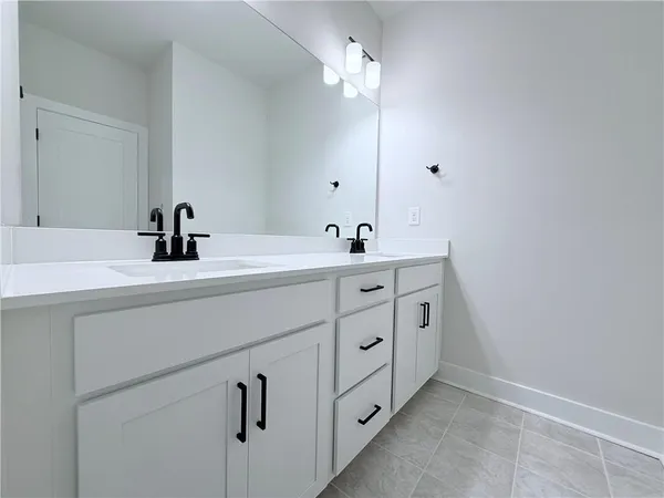 a bathroom with a double vanity sink a mirror and shower