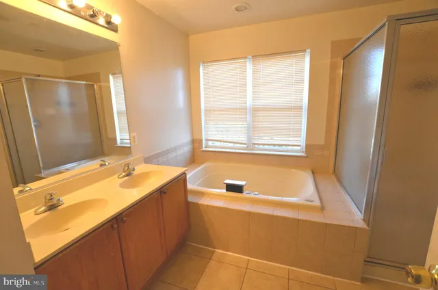 a bathroom with a tub sink and mirror