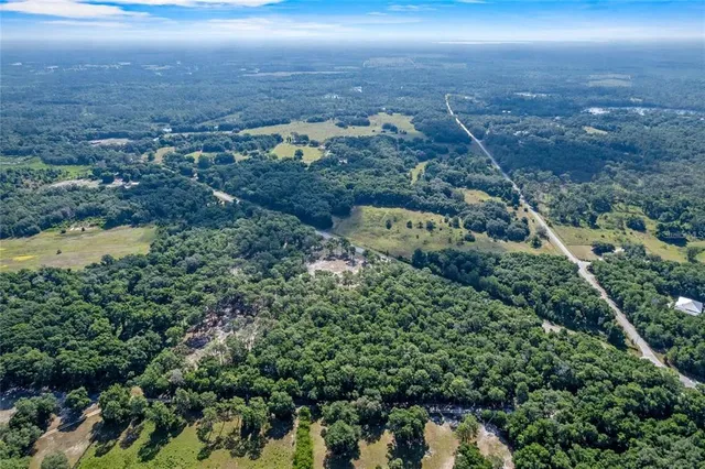an aerial view of residential houses with outdoor space and trees