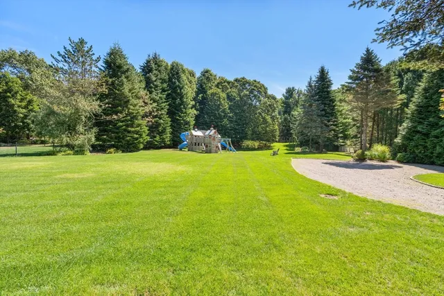 a view of a swimming pool with a big yard and large trees