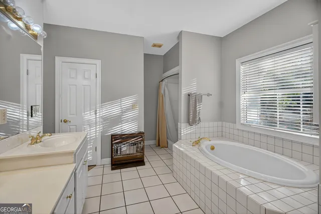 a bathroom with a bathtub a sink a mirror and a shower