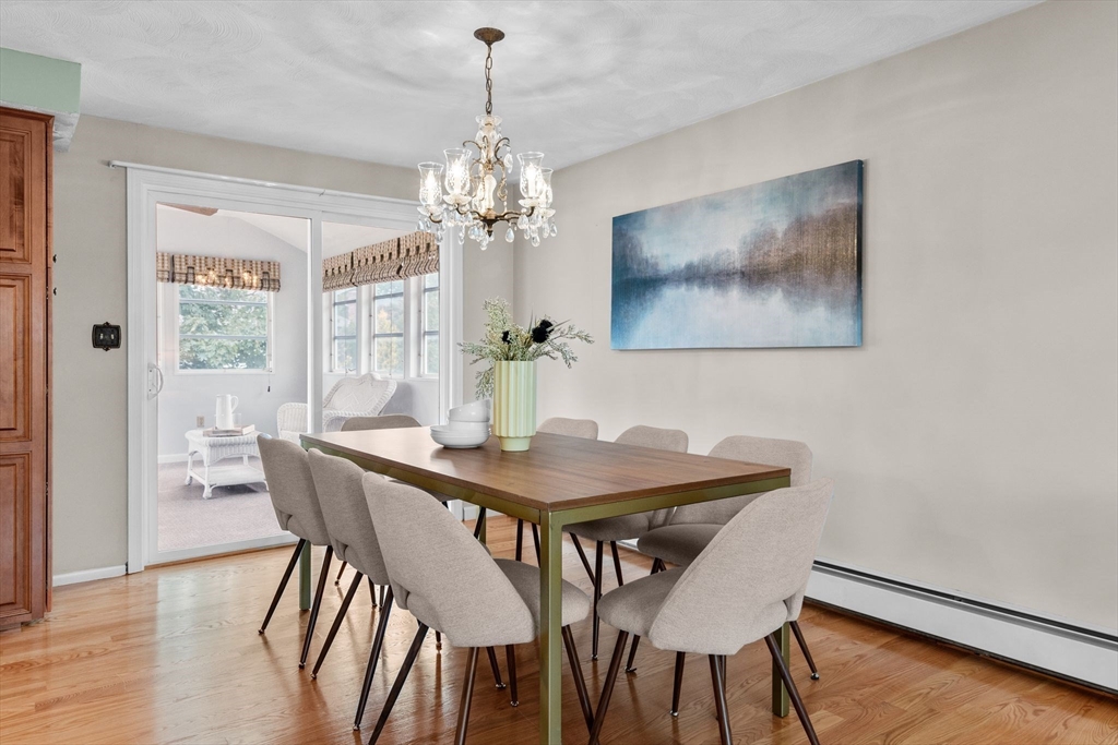 5 Brae Circle Woburn, MA 01801 - Photo 15 of 40 a view of a dining room with furniture a chandelier and wooden floor