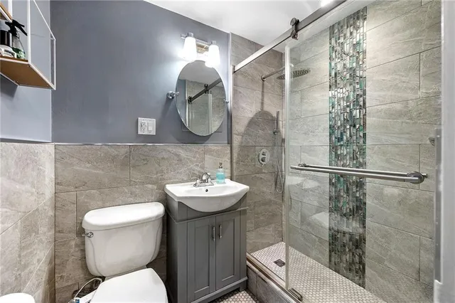a bathroom with a sink mirror and toilet