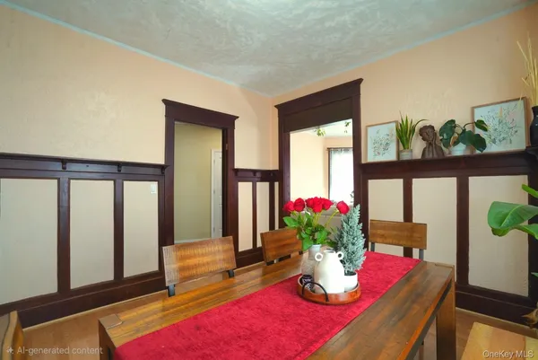 a living room with furniture and flowers