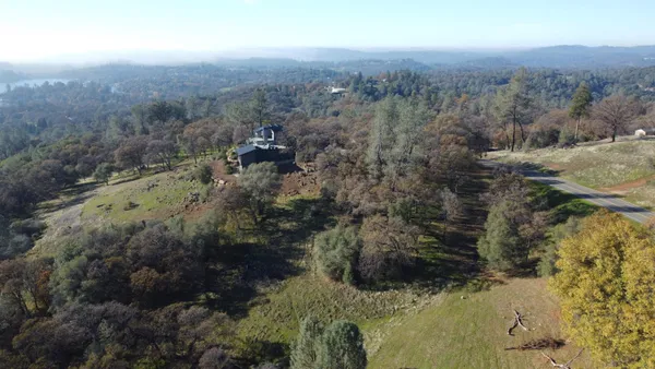 a view of a forest with mountains in the background