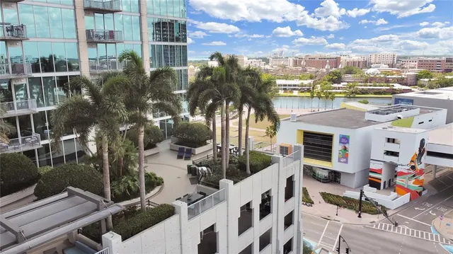 a city view with tall buildings