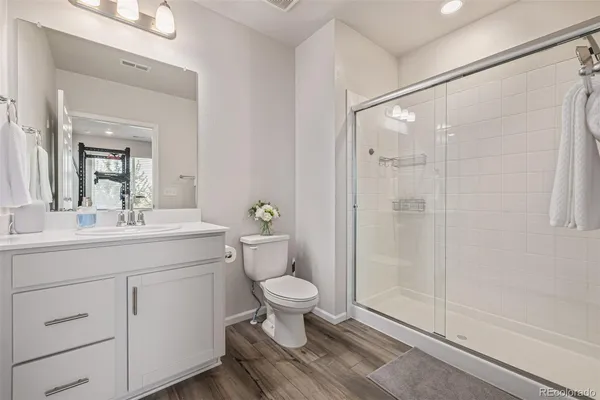 a bathroom with a sink a toilet a mirror and shower