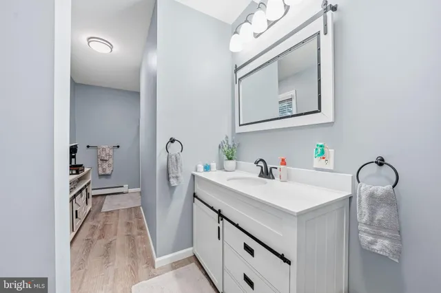 a bathroom with a sink a toilet and mirror