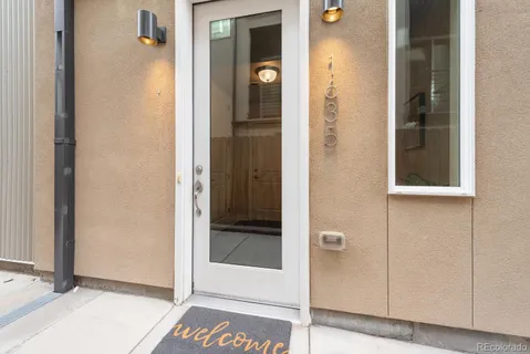 a view of a room with wooden floor and a potted plant