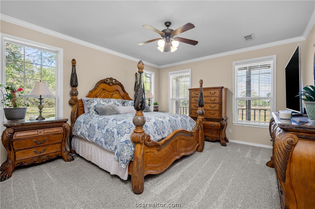 6400 Koppe Bridge Road College Station, TX 77845 - Photo 24 of 47 Primary bedroom featuring light colored carpet, crown molding, ceiling fan, and an ensuite bathroom