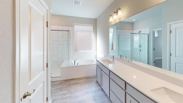 a view of bathroom with a tub sink shower and mirror