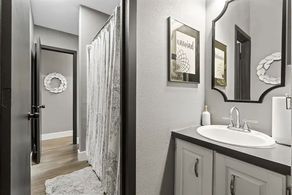 a bathroom with a sink and a mirror