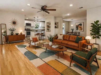a living room with furniture kitchen view and a wooden floor