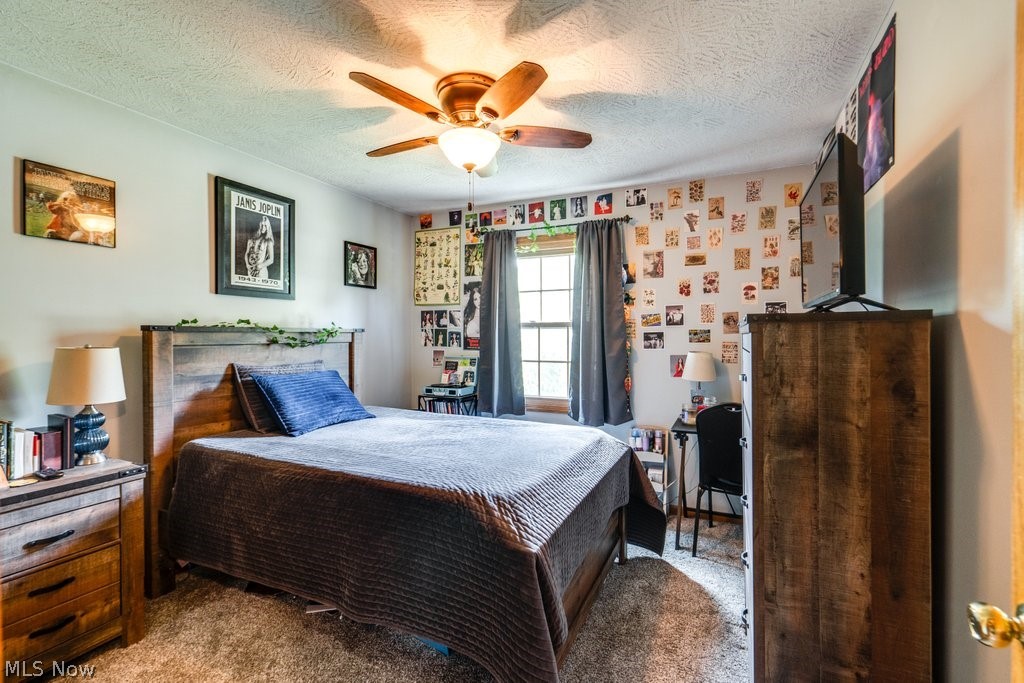 826 Stewart Road Kent, OH 44240 - Photo 37 of 43 Carpeted bedroom featuring a textured ceiling and ceiling fan