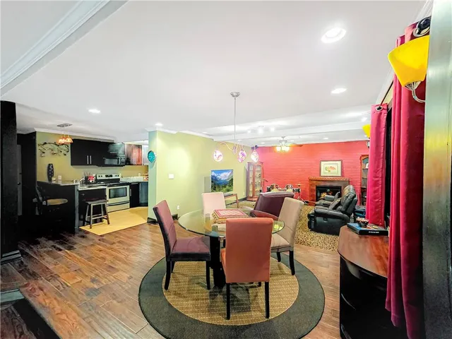 a view of a dining room with furniture