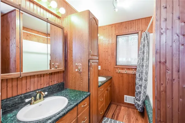 a bathroom with a sink a mirror and a shower