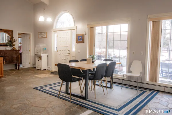 a view of a dining room with furniture window and outside view