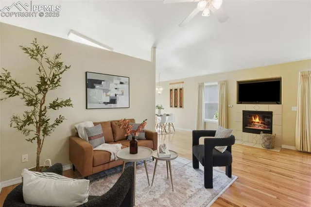 a living room with furniture a fireplace and a potted plant