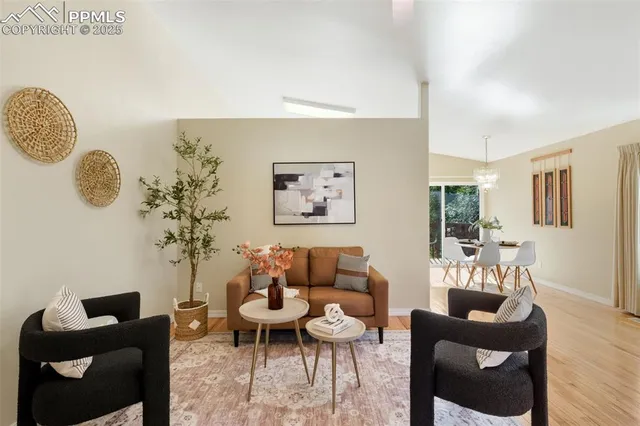 a living room with furniture potted plant and a window