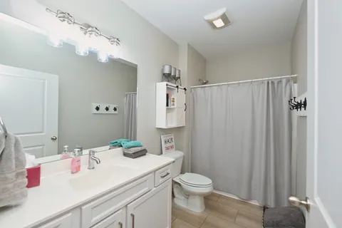 a bathroom with a sink a toilet and shower curtain