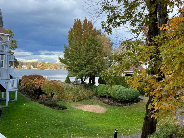 a view of a garden with lawn chairs