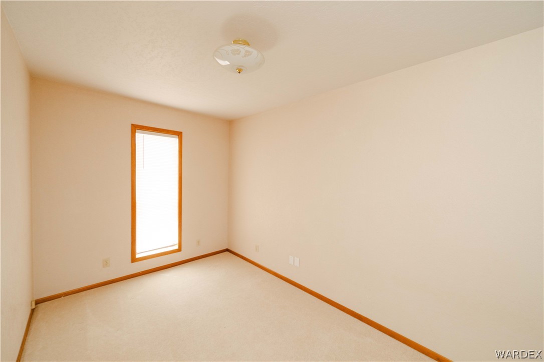 2100 East Valley View Road Kingman, AZ 86409 - Photo 26 of 53 Neutral-toned room featuring a single vertical window with wood trim, wall-to-wall carpeting, and a flush-mount ceiling light fixture