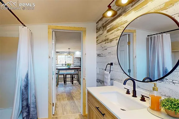a bathroom with a sink mirror and vanity