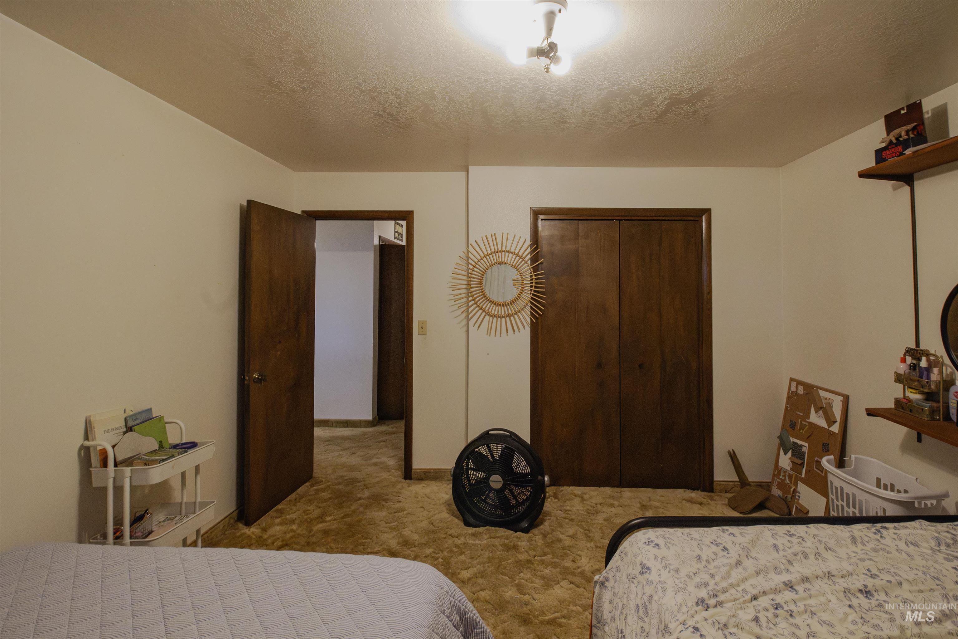 887 Overstreet Road Nyssa, OR 97913 - Photo 25 of 50 Bedroom featuring a textured ceiling, carpet floors, and a closet