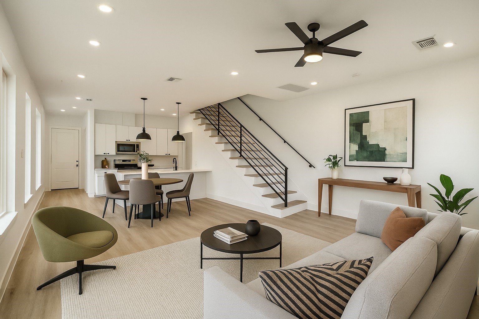 a living room with furniture and a table