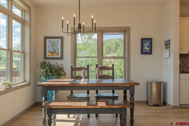 a view of a dining room with furniture and a window