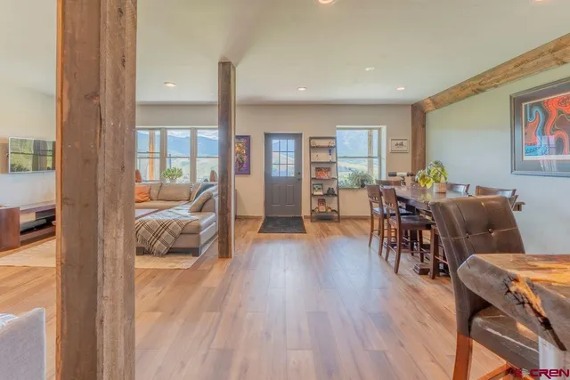 a view of a dining room with furniture