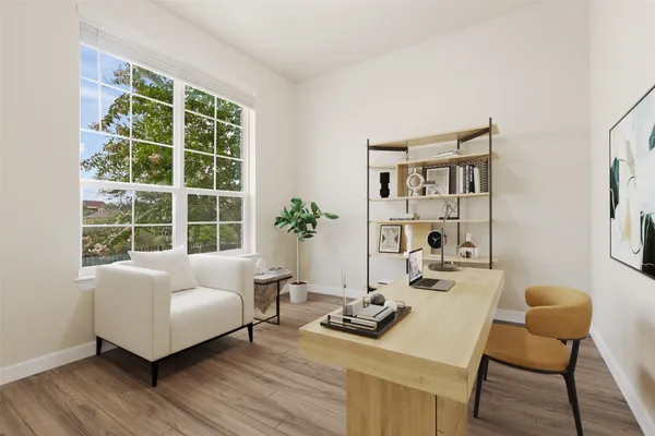 a living room with furniture and a potted plant