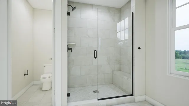 a bathroom with a shower and toilet