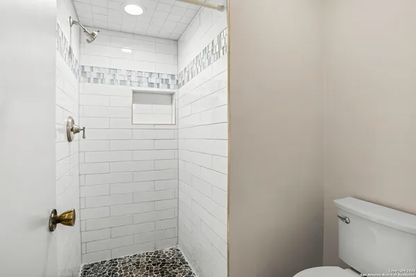a bathroom with a shower and toilet