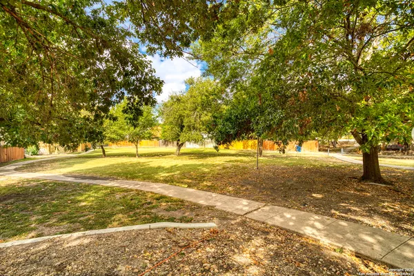 a view of yard with large trees