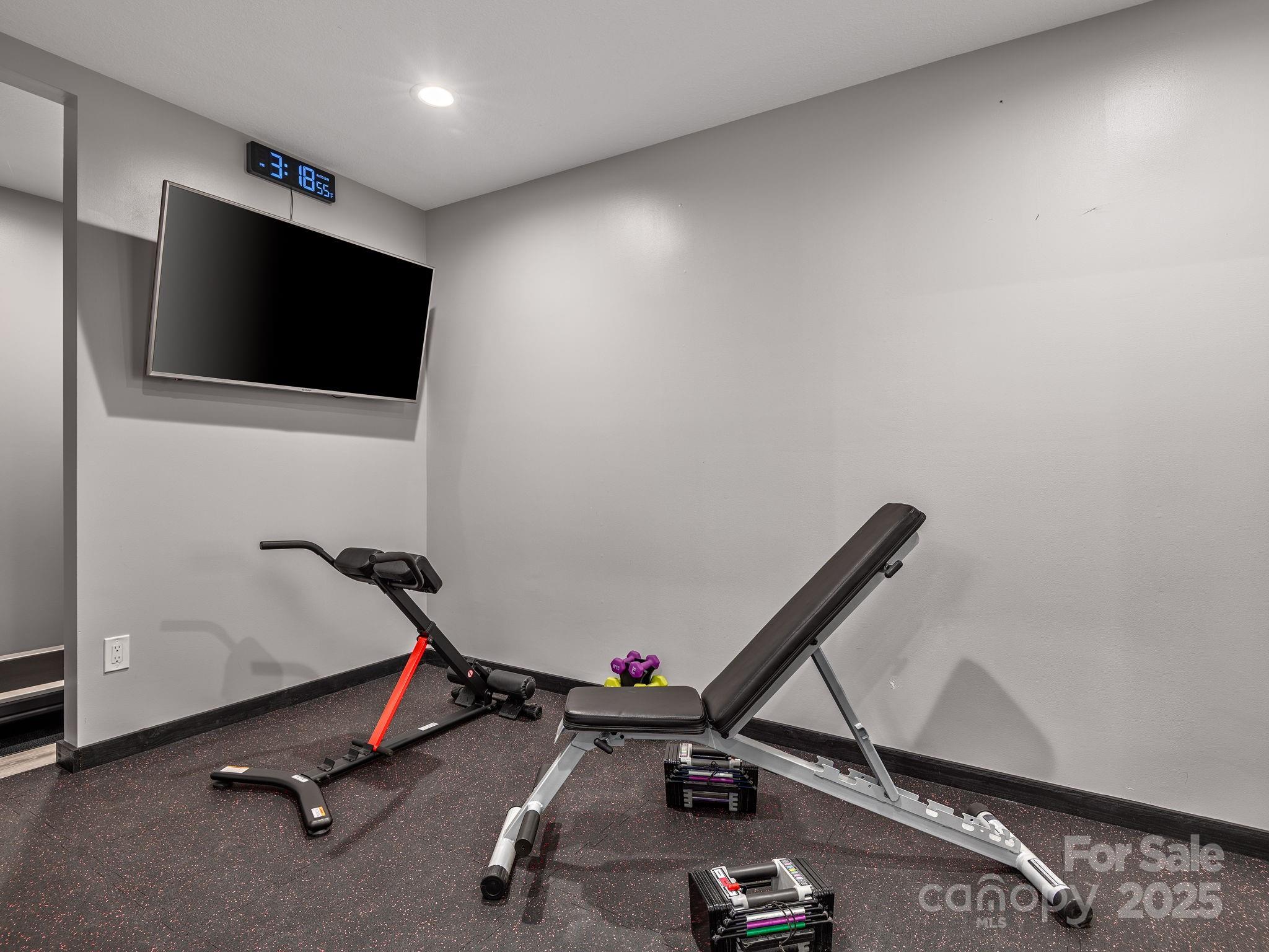 1591 Chestnut Flats Road Waynesville, NC 28786 - Photo 29 of 40 a room with gym equipment and a flat screen tv