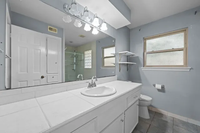 a bathroom with a sink a toilet and a mirror