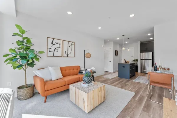 a living room with furniture and a potted plant