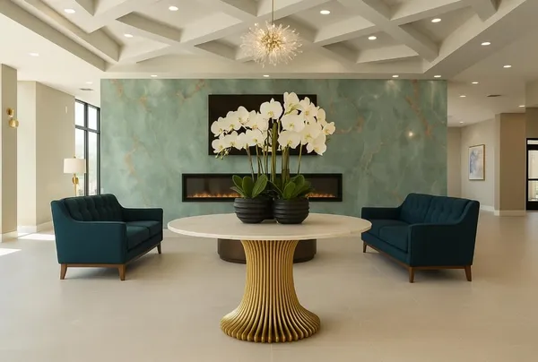 a view of a livingroom with furniture and a chandelier