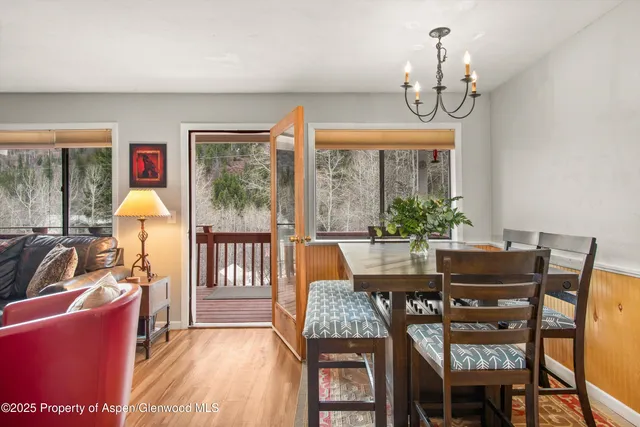 a view of a dining room with furniture window and outside view