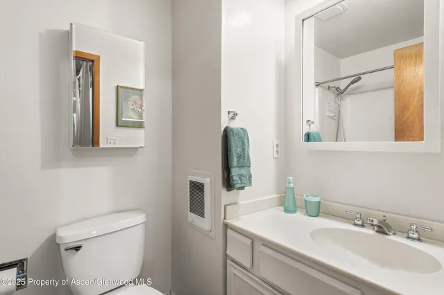 a bathroom with a sink toilet and mirror
